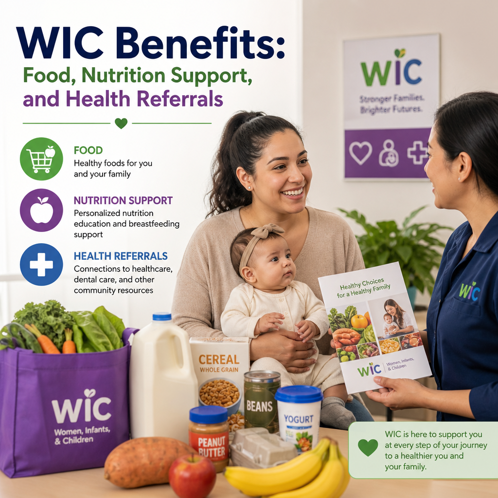 WIC brochure showing food benefits, nutrition support, and health referrals for women, infants, and children