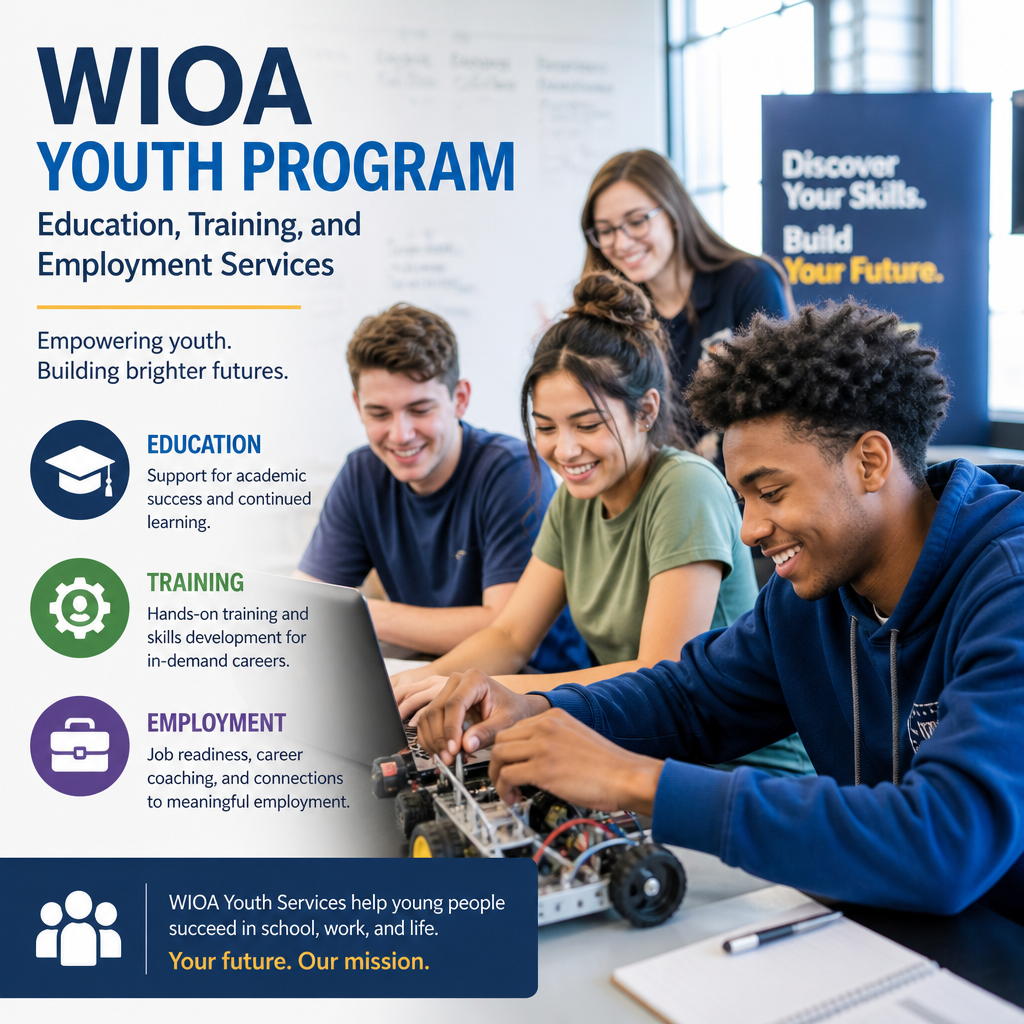 Illustration of youth receiving education, training, and job support through the WIOA Youth Program