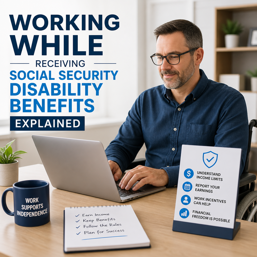 Man using a laptop beside text explaining working while receiving Social Security Disability benefits