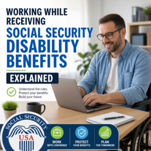 Man working on a laptop with text about understanding Social Security Disability benefits while working