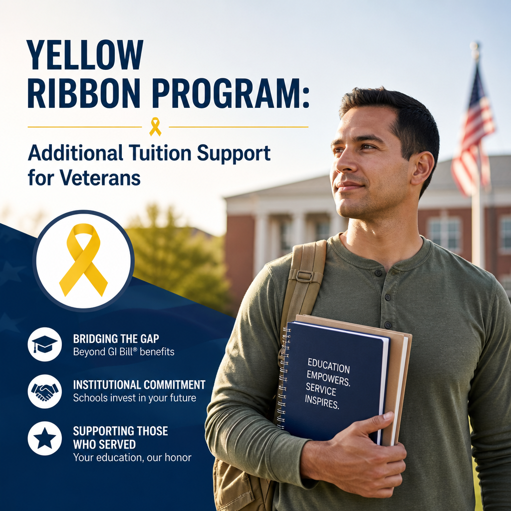 Veteran holding a book promoting the Yellow Ribbon Program for additional tuition support